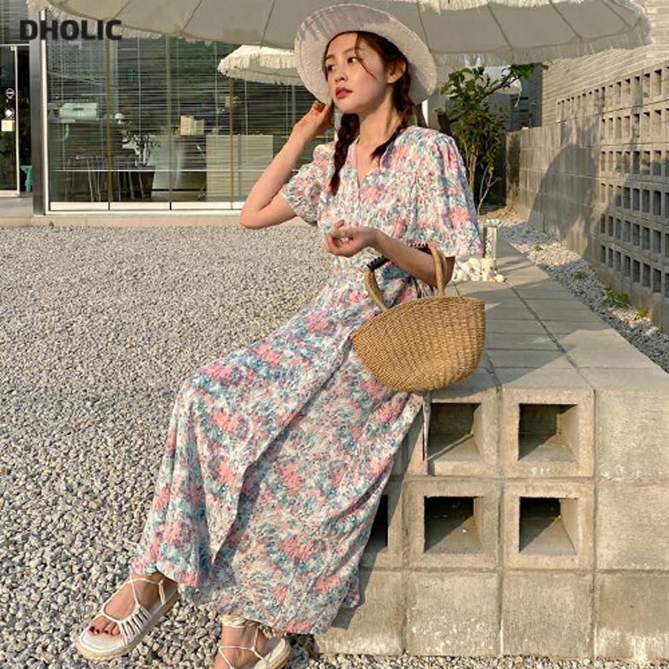 フローラルパフラップワンピース・全2色・b02417 レディース 【ops】ワンピース ロング丈 ロングワンピース 半袖 ハーフスリーブ 花柄 レトロ パフ袖 パフスリーブ ガーリー フェミニン カシュクール Vネック 春 夏 韓国ファッション