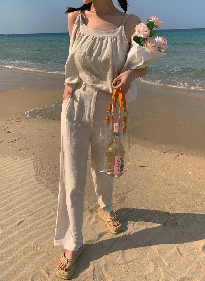 リネン混フレアキャミソール&スラックスセット・全4色・t02422 レディース 【pt】セットアップ setup トップス スリーブレス ノースリーブ キャミソール フレア リネン スラックス パンツ ロングパンツ 単色 無地 シンプル 春 夏 韓国ファッション