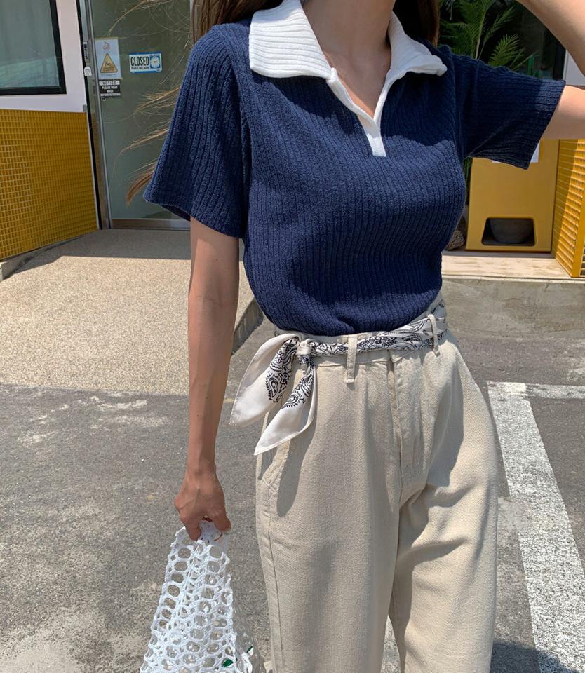 配色オープンカラーTシャツ・全4色・t02412 レディース 【tops】トップス Tシャツ 半袖 リブ ポロ襟 襟コン 開襟 クロップド丈 配色 シンプル 大人 カジュアル 黄緑 春 夏 韓国ファッション