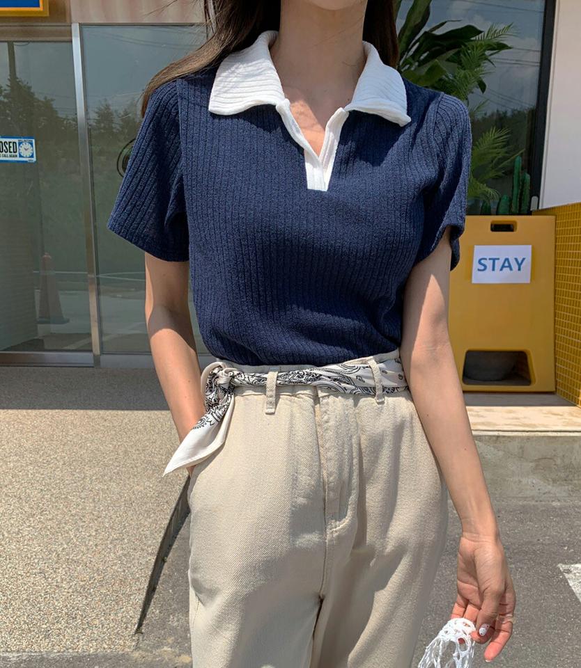 配色オープンカラーTシャツ・全4色・t02412 レディース 【tops】トップス Tシャツ 半袖 リブ ポロ襟 襟コン 開襟 クロップド丈 配色 シンプル 大人 カジュアル 黄緑 春 夏 韓国ファッション