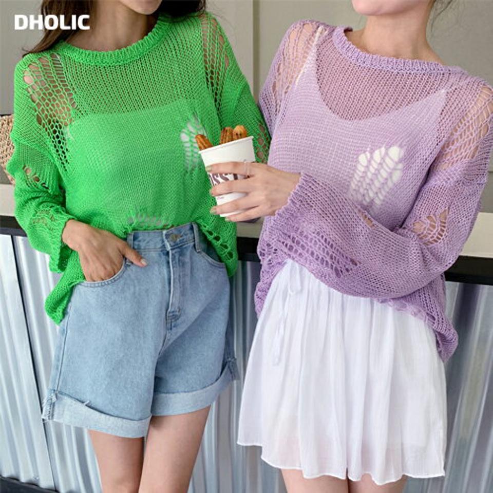 ルーズフィットダメージニット・全5色・t02414 レディース 【tops】トップス ニット 長袖 透け感 シアー シースルー ダメージ シンプル カジュアル ラフ ゆったり ラウンドネック クロップド丈 海 メッシュ パステル 緑 紫 春 夏 秋 韓国ファッション