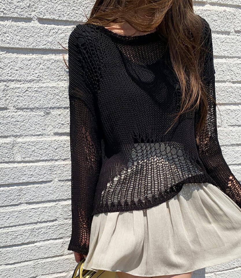 ルーズフィットダメージニット・全5色・t02414 レディース 【tops】トップス ニット 長袖 透け感 シアー シースルー ダメージ シンプル カジュアル ラフ ゆったり ラウンドネック クロップド丈 海 メッシュ パステル 緑 紫 春 夏 秋 韓国ファッション