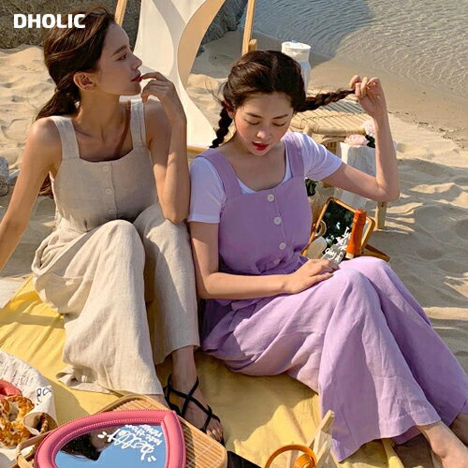 ストラップ付リネン混ノースリオールインワン・全3色・t02421 レディース 【pt】オールインワン パンツ ズボン ロングパンツ ワイド ノースリーブ キャミソール リネン 単色 無地 シンプル パステル レイヤード カジュアル 紫 春 夏 韓国ファッション