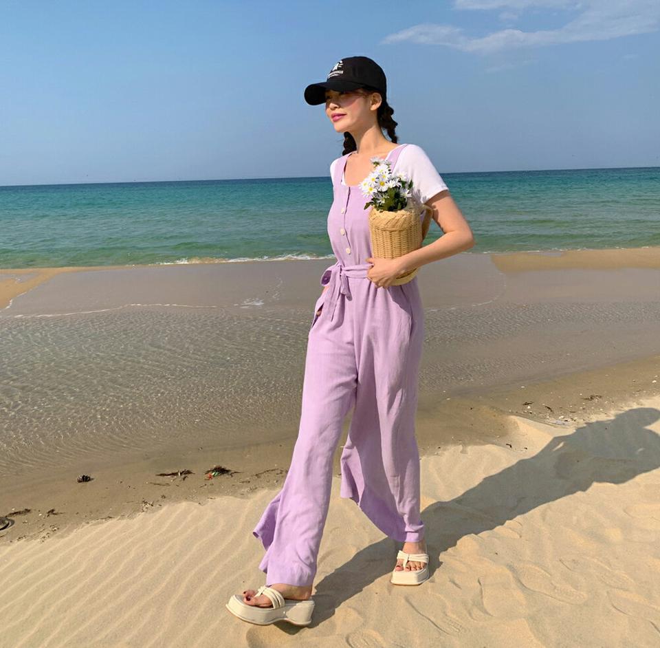 ストラップ付リネン混ノースリオールインワン・全3色・t02421 レディース 【pt】オールインワン パンツ ズボン ロングパンツ ワイド ノースリーブ キャミソール リネン 単色 無地 シンプル パステル レイヤード カジュアル 紫 春 夏 韓国ファッション