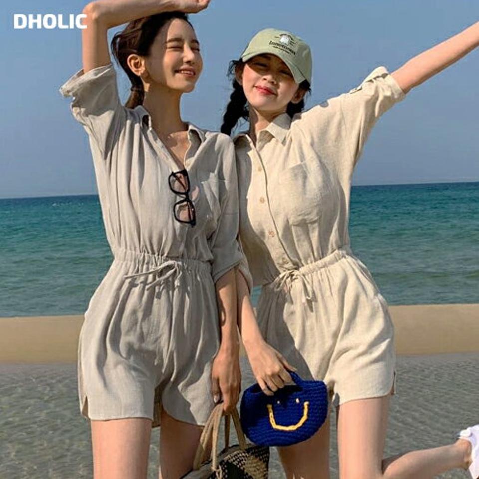 リネン混ウエストゴムカラーオールインワン・全4色・t02409 レディース 【pt】オールインワン パンツ ズボン ショートパンツ 短パン 七分袖 七分丈 7分袖 7分丈 リネン ウエストゴム 単色 無地 シンプル カジュル ラフ 春 秋 韓国ファッション