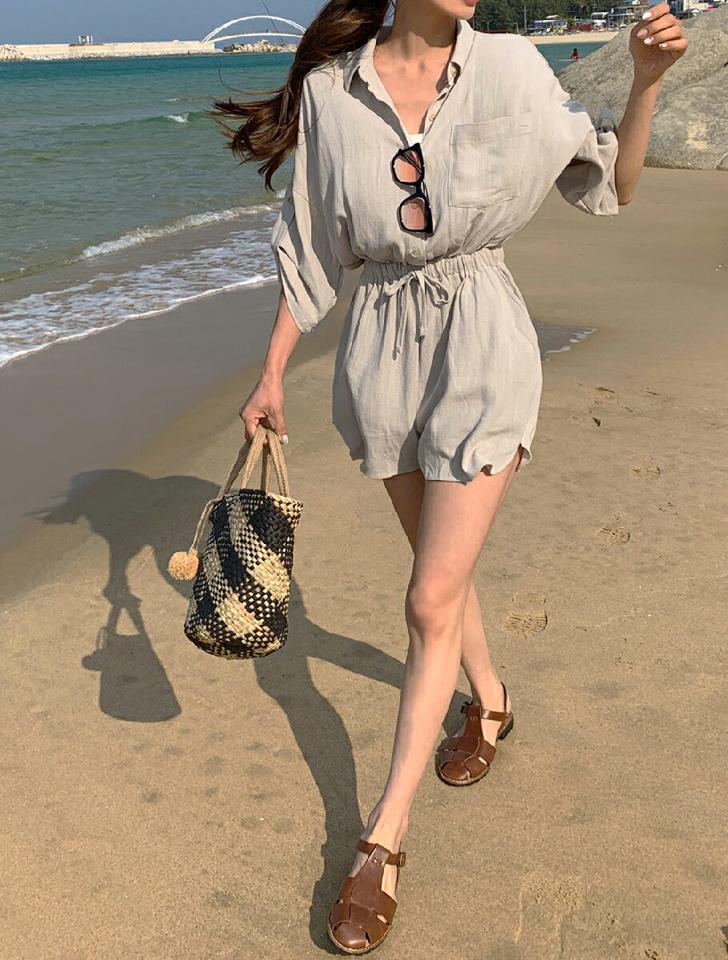 リネン混ウエストゴムカラーオールインワン・全4色・t02409 レディース 【pt】オールインワン パンツ ズボン ショートパンツ 短パン 七分袖 七分丈 7分袖 7分丈 リネン ウエストゴム 単色 無地 シンプル カジュル ラフ 春 秋 韓国ファッション