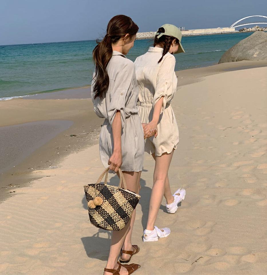 リネン混ウエストゴムカラーオールインワン・全4色・t02409 レディース 【pt】オールインワン パンツ ズボン ショートパンツ 短パン 七分袖 七分丈 7分袖 7分丈 リネン ウエストゴム 単色 無地 シンプル カジュル ラフ 春 秋 韓国ファッション