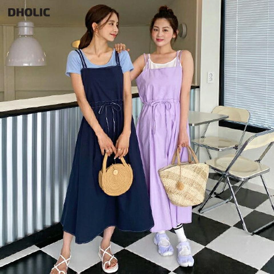 ステッチフレアキャミワンピース・全3色・t02418 レディース 【ops】ワンピース ロング丈 ロングワンピース スリーブレス ノースリーブ キャミソール フレア ステッチ 単色 無地 シンプル りぼん レイヤード カジュアル 春 夏 韓国ファッション