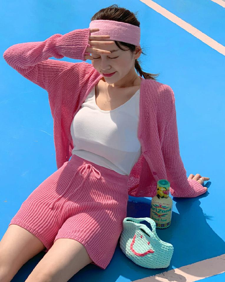 ニットルーズフィットカーディガン&ショートパンツSET・全3色・t02434 レディース 【pt】セットアップ setup トップス カーディガン 長袖 ニット パンツ ズボン ショートパンツ 楽ちん 短パン 単色 シンプル カジュアル 春 夏 韓国ファッション