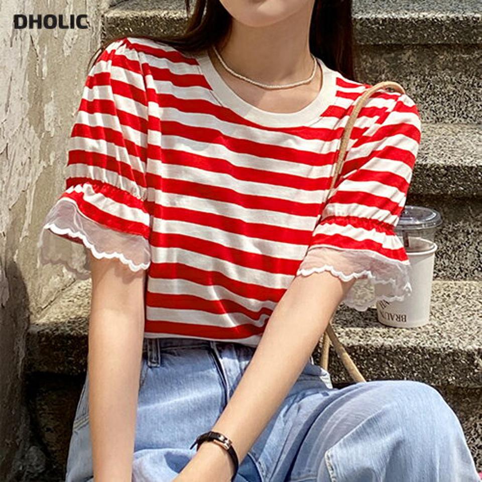 レーススリーブボーダーTシャツ・全3色・t66737 レディース 【tops】トップス Tシャツ ボーダー柄 フリル 透け感 シアー シースルー ボーダーT レース カジュアル ラウンドネック スカラップ パフ袖 パフスリーブ 赤 春 夏 韓国ファッション
