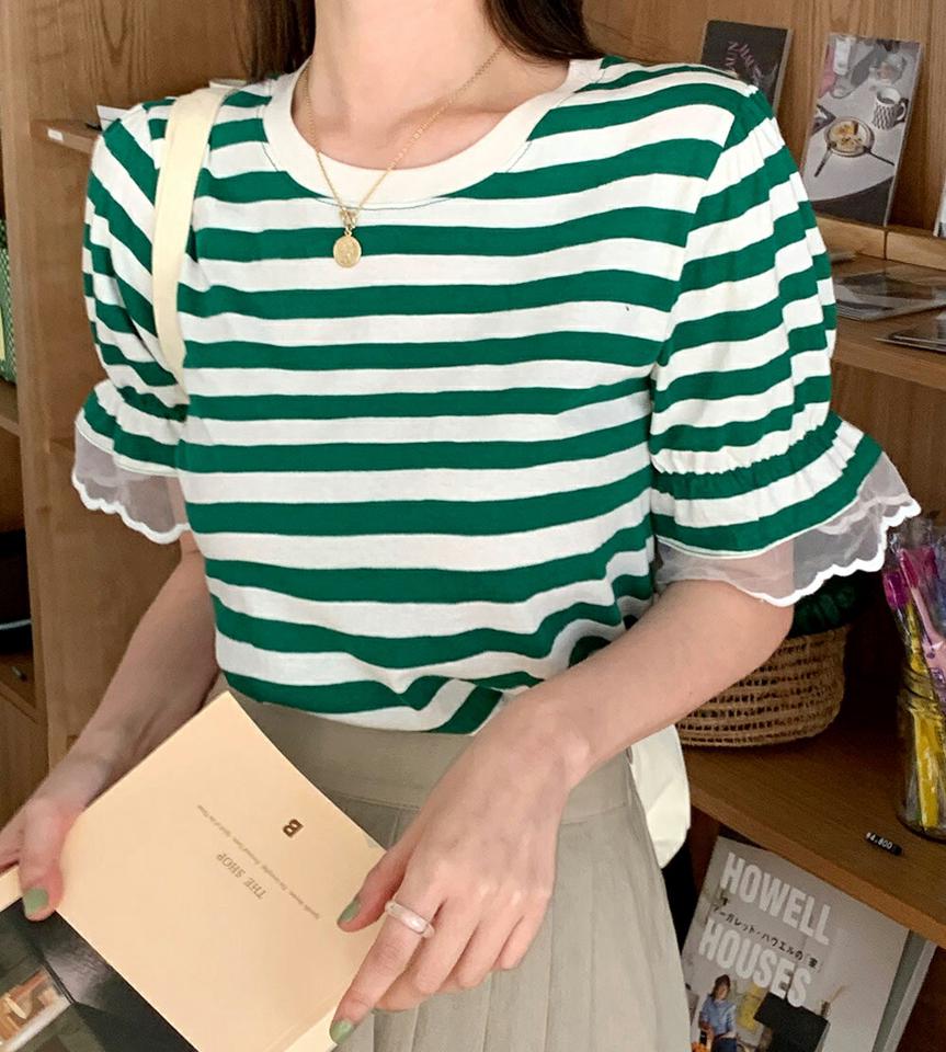 レーススリーブボーダーTシャツ・全3色・t66737 レディース 【tops】トップス Tシャツ ボーダー柄 フリル 透け感 シアー シースルー ボーダーT レース カジュアル ラウンドネック スカラップ パフ袖 パフスリーブ 赤 春 夏 韓国ファッション