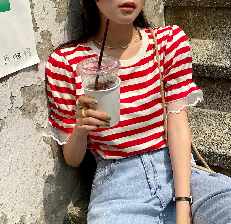 レーススリーブボーダーTシャツ・全3色・t66737 レディース 【tops】トップス Tシャツ ボーダー柄 フリル 透け感 シアー シースルー ボーダーT レース カジュアル ラウンドネック スカラップ パフ袖 パフスリーブ 赤 春 夏 韓国ファッション
