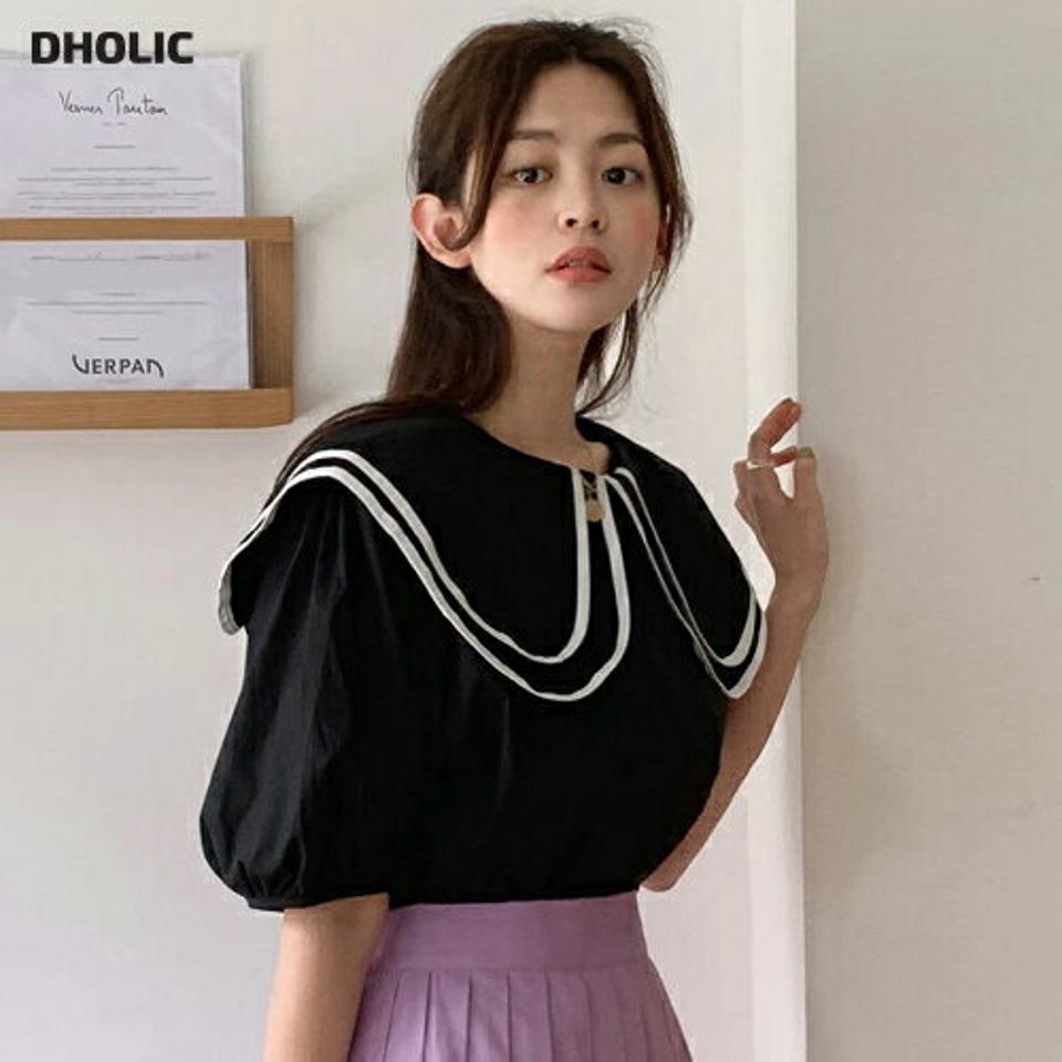 配色ダブルビッグカラーブラウス・全2色・t66744 レディース 【bl】トップス ブラウス 半袖 ハーフスリーブ 襟コン 大きい襟 丸襟 ラウンド 配色 シンプル ガーリー かわいい 可愛い パフ袖 量産型 パフスリーブ 二の腕カバー 春 夏 韓国ファッション