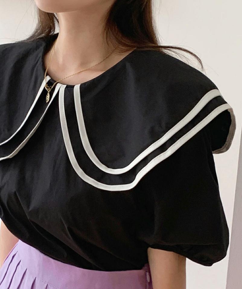 配色ダブルビッグカラーブラウス・全2色・t66744 レディース 【bl】トップス ブラウス 半袖 ハーフスリーブ 襟コン 大きい襟 丸襟 ラウンド 配色 シンプル ガーリー かわいい 可愛い パフ袖 量産型 パフスリーブ 二の腕カバー 春 夏 韓国ファッション