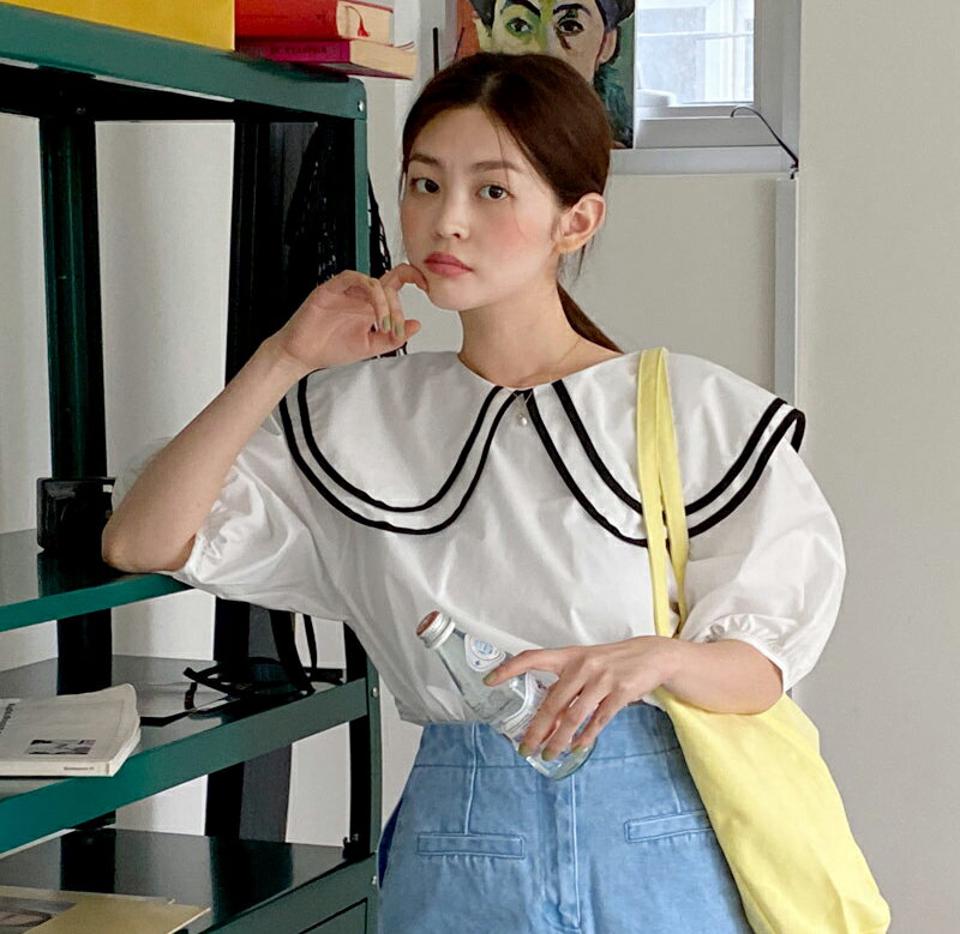 配色ダブルビッグカラーブラウス・全2色・t66744 レディース 【bl】トップス ブラウス 半袖 ハーフスリーブ 襟コン 大きい襟 丸襟 ラウンド 配色 シンプル ガーリー かわいい 可愛い パフ袖 量産型 パフスリーブ 二の腕カバー 春 夏 韓国ファッション