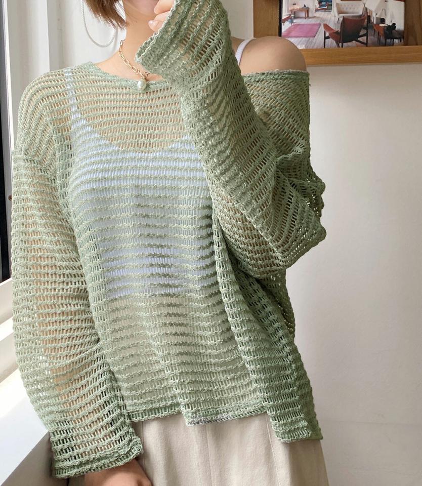 シアーロングスリーブニット・全3色・t66745 レディース 【tops】トップス ニット 長袖 透け感 シアー シースルー 単色 カジュアル ラフ ゆったり ルーズ ドロップショルダー メッシュ 海 春 夏 秋 韓国ファッション