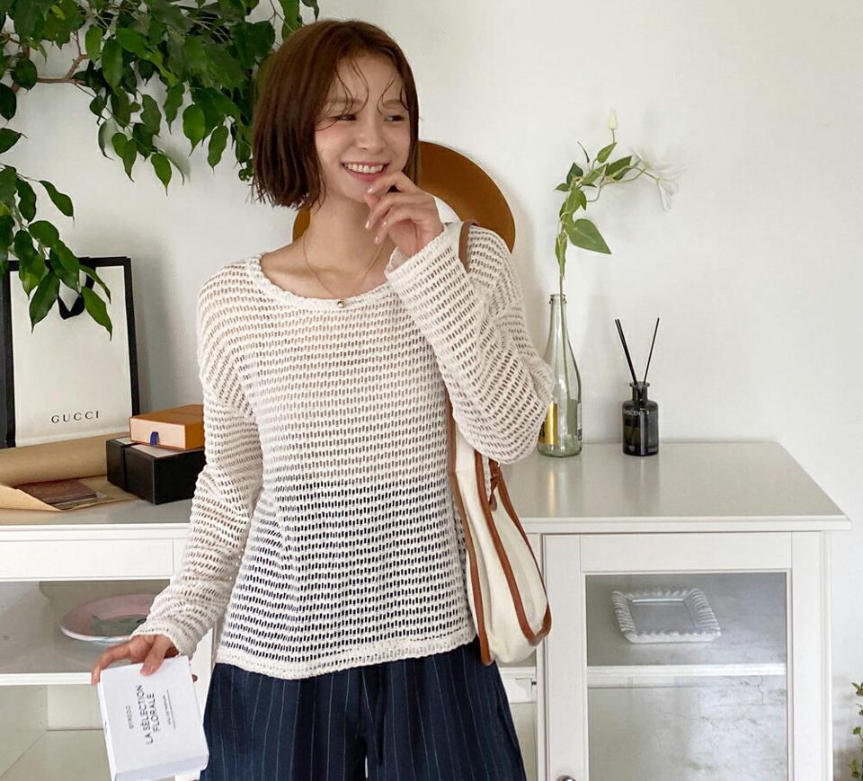 シアーロングスリーブニット・全3色・t66745 レディース 【tops】トップス ニット 長袖 透け感 シアー シースルー 単色 カジュアル ラフ ゆったり ルーズ ドロップショルダー メッシュ 海 春 夏 秋 韓国ファッション