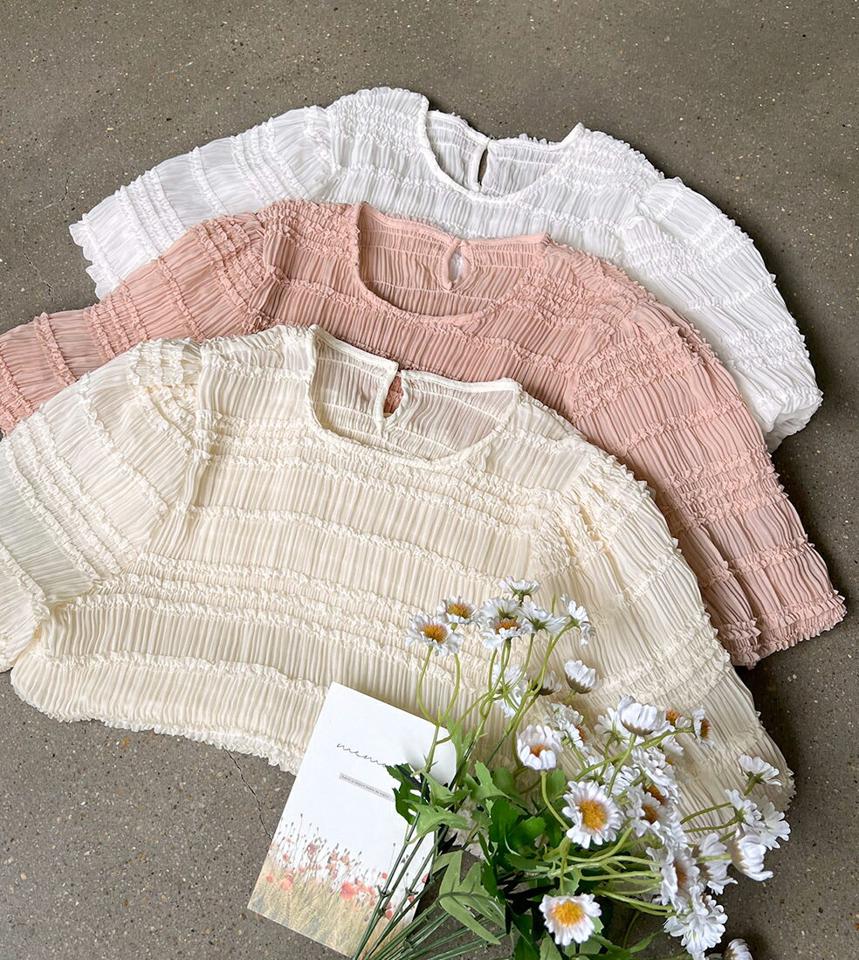 リンクルプリーツパフブラウス・全4色・b66769 レディース 【bl】トップス ブラウス 半袖 ハーフスリーブ リンクル プリーツ フェミニン パフ袖 パフスリーブ 大人 カジュアル フリル ラウンドネック ピンク 春 夏 韓国ファッション