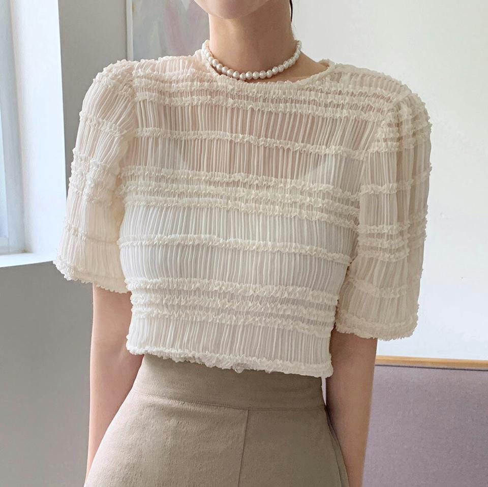 リンクルプリーツパフブラウス・全4色・b66769 レディース 【bl】トップス ブラウス 半袖 ハーフスリーブ リンクル プリーツ フェミニン パフ袖 パフスリーブ 大人 カジュアル フリル ラウンドネック ピンク 春 夏 韓国ファッション