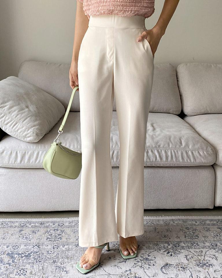 ウエストゴムセミフレアスラックス・全4色・t66759 レディース 【pt】スラックス パンツ ズボン ロングパンツ フレア ウエストゴム 単色 無地 シンプル 大人 きれいめ オフィスカジュアル ハイウエスト ダーツ 春 夏 韓国ファッション