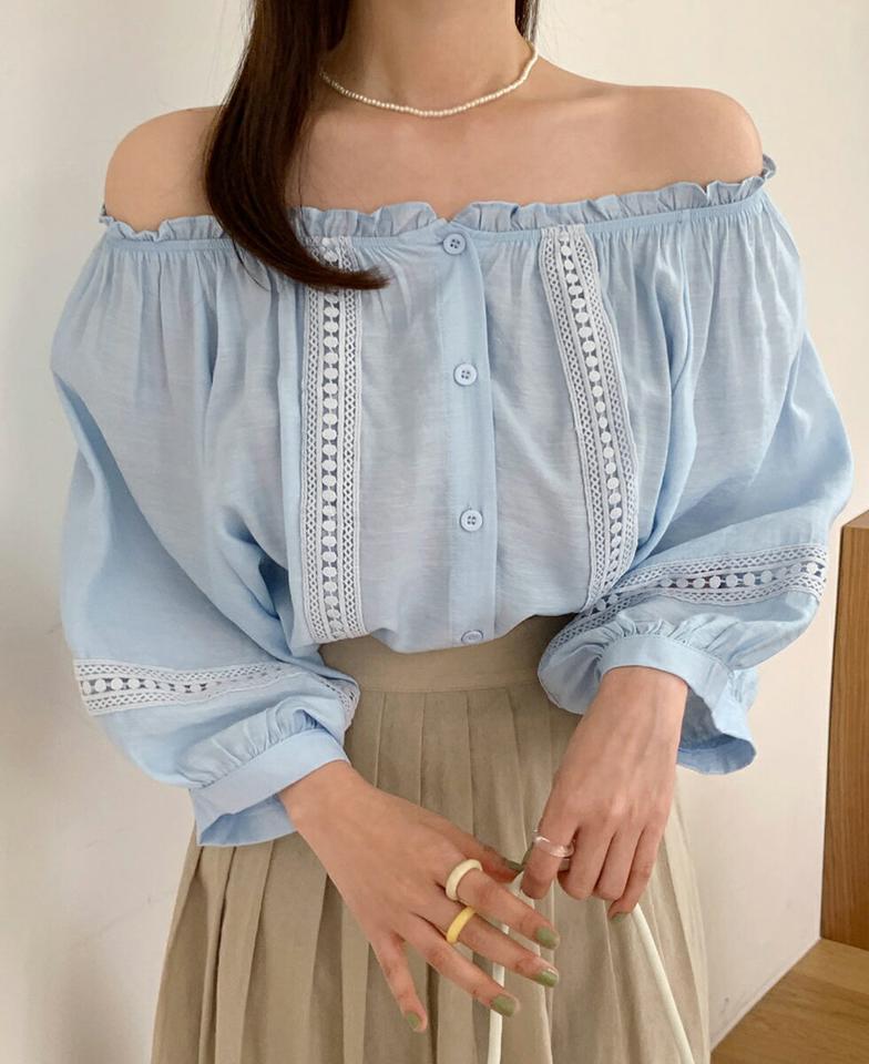 2WAYレースラインバルーンスリーブブラウス・全3色・b66742 レディース 【bl】トップス ブラウス 長袖 七分袖 七分丈 7分袖 7分丈 レース バルーンスリーブ ボリューム袖 オフショルダー かわいい 可愛い フリル 春 夏 韓国ファッション