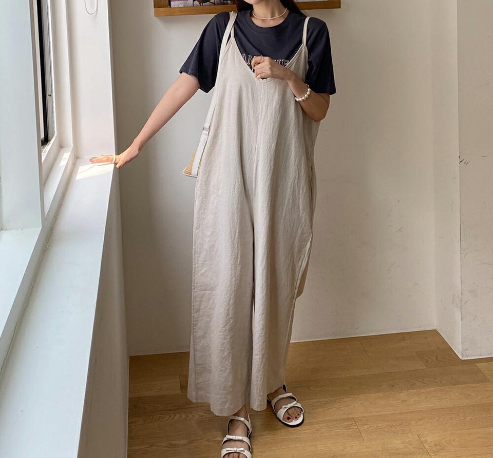 リネン混Vネックキャミオールインワン・全2色・b66750 レディース 【pt】オールインワン パンツ ズボン ロングパンツ キャミソール ノースリーブ リネン レイヤード ゆったり 体型カバー ラフ カジュアル 単色 無地 ワイド 春 夏 韓国ファッション