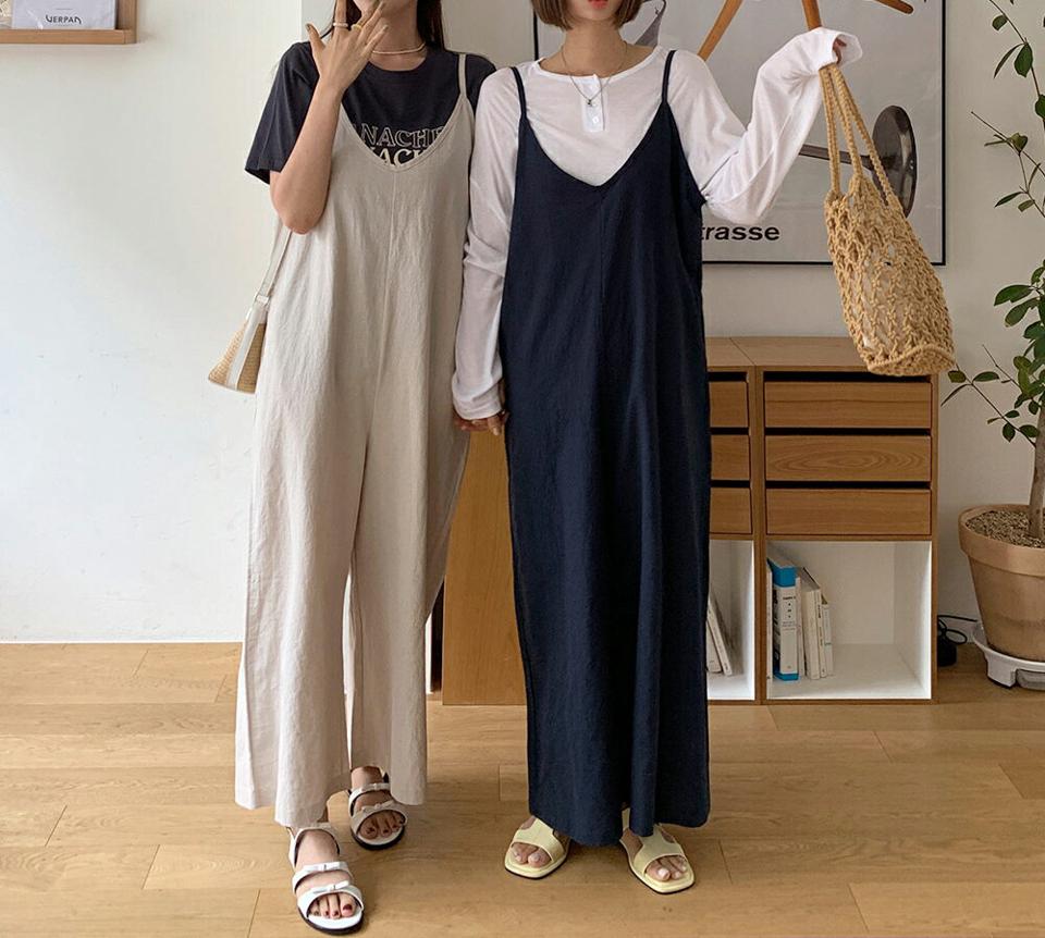 リネン混Vネックキャミオールインワン・全2色・b66750 レディース 【pt】オールインワン パンツ ズボン ロングパンツ キャミソール ノースリーブ リネン レイヤード ゆったり 体型カバー ラフ カジュアル 単色 無地 ワイド 春 夏 韓国ファッション