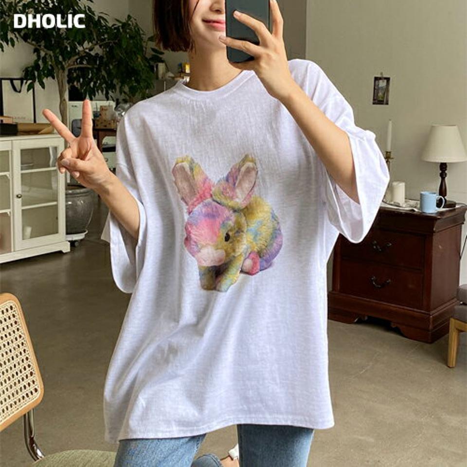 2TYPEプリントロングTシャツ・全4色・t66738 レディース 【tops】トップス Tシャツ 七分袖 七分丈 7分袖 分丈 プリント かわいい 可愛い オーバーサイズ ゆったり カジュアル ラウンドネック くま クマ うさぎ ウサギ 韓スト 春 夏 韓国ファッション