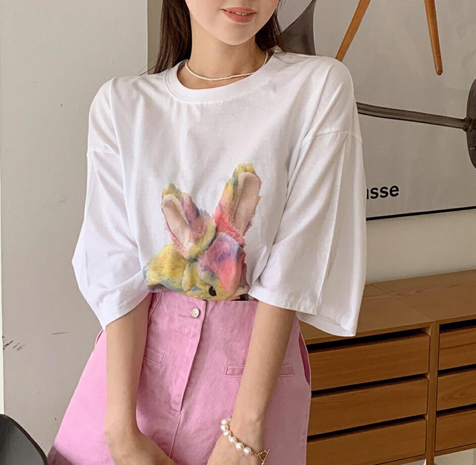 2TYPEプリントロングTシャツ・全4色・t66738 レディース 【tops】トップス Tシャツ 七分袖 七分丈 7分袖 分丈 プリント かわいい 可愛い オーバーサイズ ゆったり カジュアル ラウンドネック くま クマ うさぎ ウサギ 韓スト 春 夏 韓国ファッション