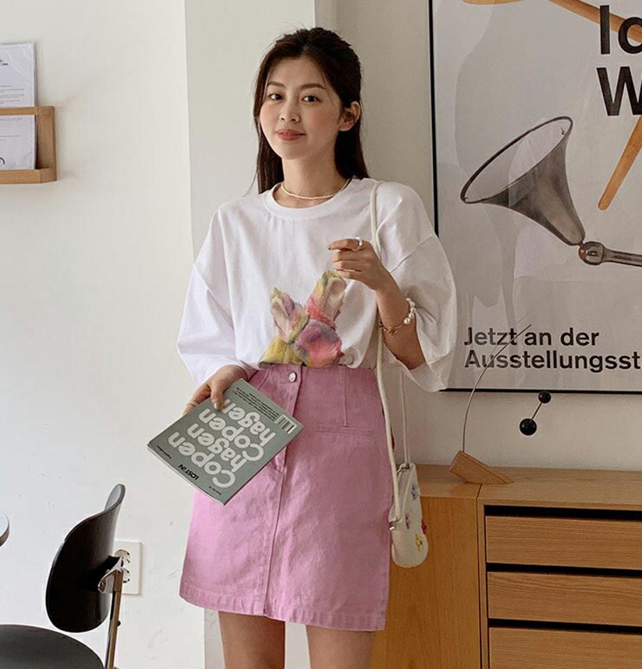 2TYPEプリントロングTシャツ・全4色・t66738 レディース 【tops】トップス Tシャツ 七分袖 七分丈 7分袖 分丈 プリント かわいい 可愛い オーバーサイズ ゆったり カジュアル ラウンドネック くま クマ うさぎ ウサギ 韓スト 春 夏 韓国ファッション