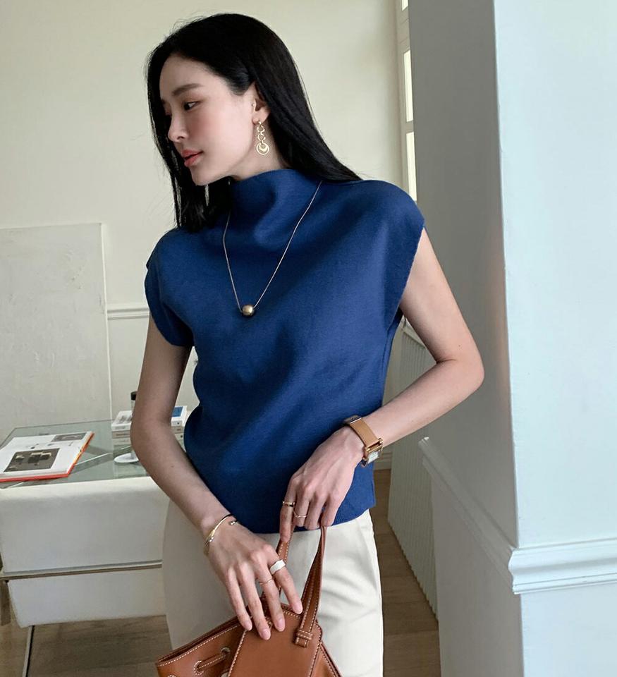フレンチスリーブニット・全6色・b00627 レディース 【tops】トップス 半袖 フレンチスリーブ 単色 無地 シンプル ニット ハーフネック クロップド丈 春 夏 フェミニン 上品 大人っぽ きれいめ 青 韓国ファッション ハイホリHIHOLLI