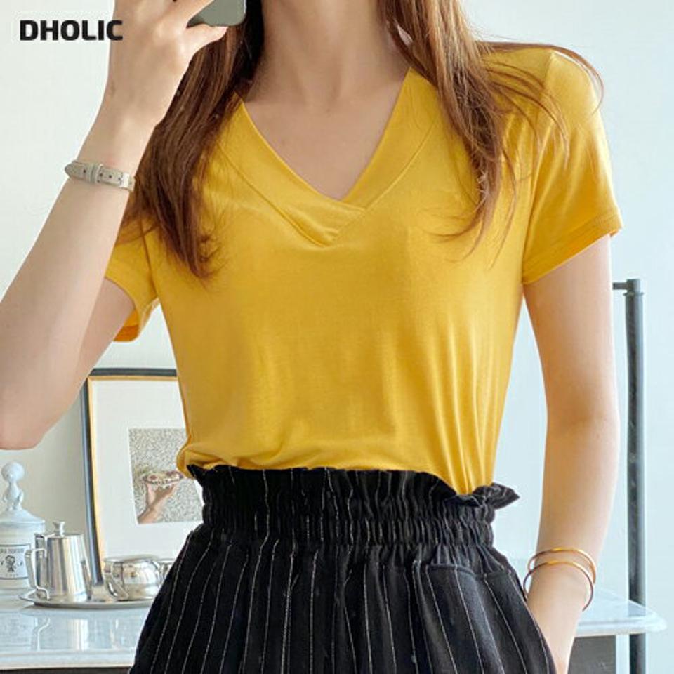 Vネック半袖Tシャツ・全8色・b00628 レディース 【tops】トップス Tシャツ 半袖 単色 無地 シンプル ベーシック パステル カラバリ Vネック 鎖骨 デコルテ スリム フィット 春 夏 カジュアル 韓国ファッション 黄色 ハイホリHIHOLLI
