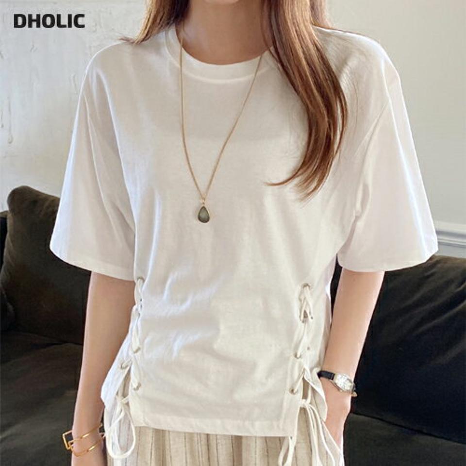 ストラップ付レースアップTシャツ・全4色・t00630 レディース 【tops】トップス Tシャツ 半袖 単色 無地 ストラップ付 レースアップ ユニーク ゆったり 体型カバー 楽ちん 綿 コットン オーバー 春 夏 カジュアル 韓国ファッション ハイホリHIHOLLI