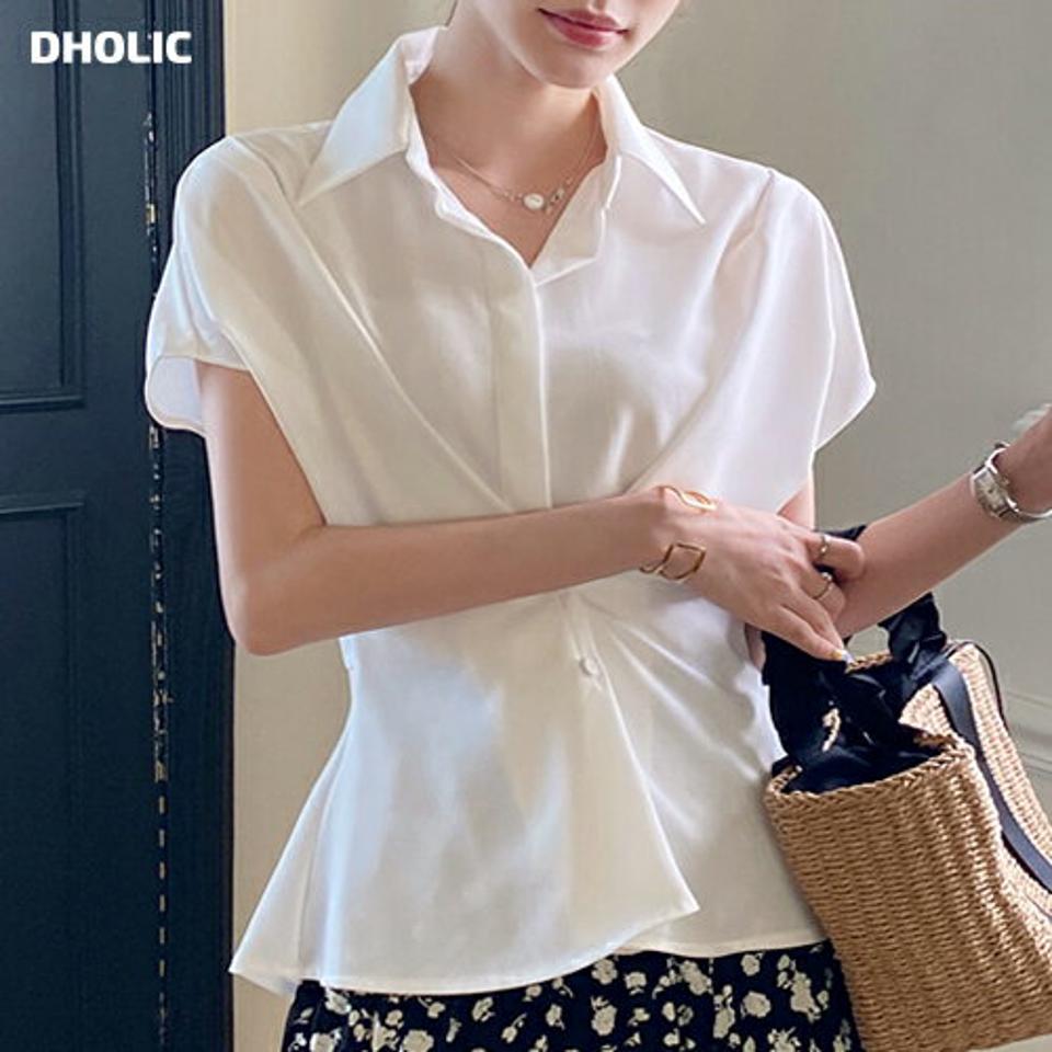 ウエストボタンブラウス・全4色・b00633 レディース 【bl】ブラウス トップス 半袖 二の腕カバー 単色 無地 シンプル ユニーク オフィスカジュアル 襟 ボタン フレンチスリーブ 春 夏 フェミニン 大人っぽ 韓国ファッション ハイホリHIHOLLI