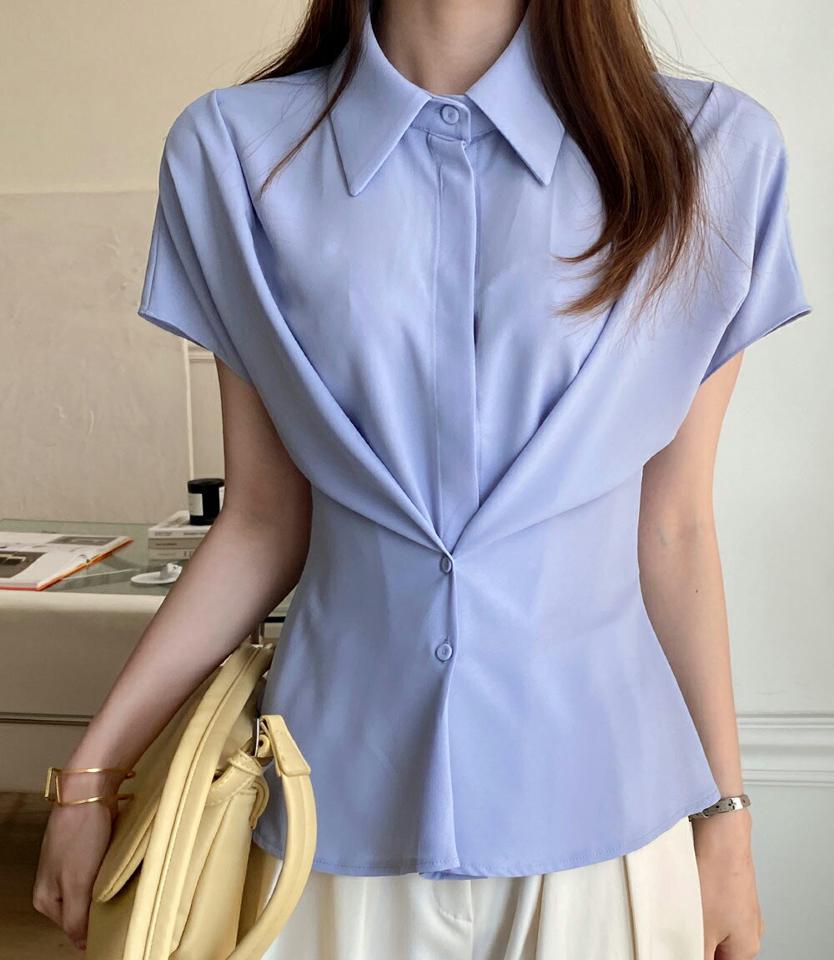 ウエストボタンブラウス・全4色・b00633 レディース 【bl】ブラウス トップス 半袖 二の腕カバー 単色 無地 シンプル ユニーク オフィスカジュアル 襟 ボタン フレンチスリーブ 春 夏 フェミニン 大人っぽ 韓国ファッション ハイホリHIHOLLI