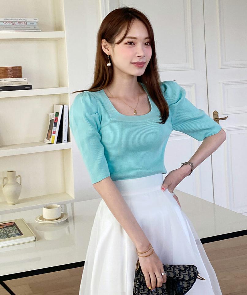 ≪人気商品再入荷≫2TYPEスクエアネックパフスリーブニット・全4色・b00634 レディース 【tops】トップス ニット 半袖 単色 パステル スクエアネック 鎖骨 デコルテ ストライプ 柄 模様 パフ 春 夏 フェミニン カジュアル 水色 韓国ファッション ハイホリHIHOLLI