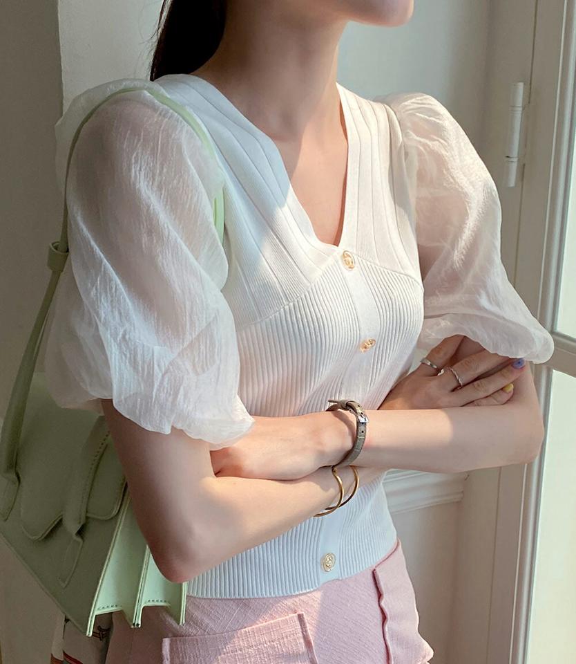 シフォンパフスリーブボタンニット・全3色・b00635 レディース 【tops】トップス ニット 異素材 単色 半袖 ボタン Vネック 鎖骨 デコルテ パフスリーブ パフ袖 シフォン 透け感 春 夏 フェミニン 上品 二の腕カバー 韓国ファッション ハイホリHIHOLLI