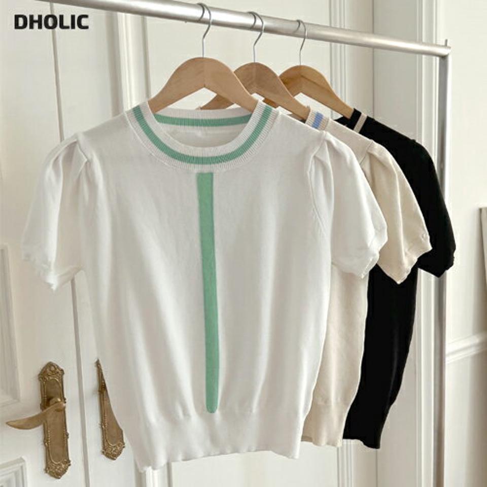 配色ラインパフクロップドニット・全3色・b00637 レディース 【tops】トップス 半袖 ニット 柄 模様 配色 ライン パステル パフスリーブ パフ袖 クロップド丈 春 夏 フェミニン カジュアル かわいい 可愛い 韓国ファッション ハイホリHIHOLLI