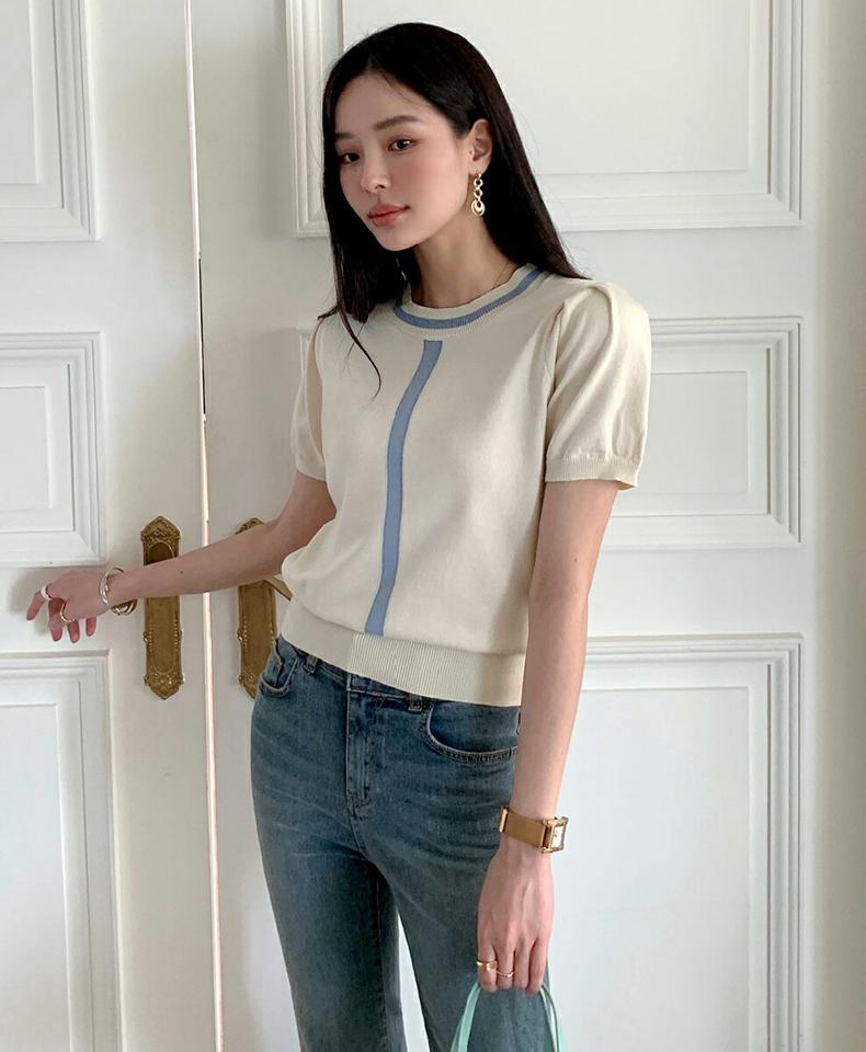 配色ラインパフクロップドニット・全3色・b00637 レディース 【tops】トップス 半袖 ニット 柄 模様 配色 ライン パステル パフスリーブ パフ袖 クロップド丈 春 夏 フェミニン カジュアル かわいい 可愛い 韓国ファッション ハイホリHIHOLLI