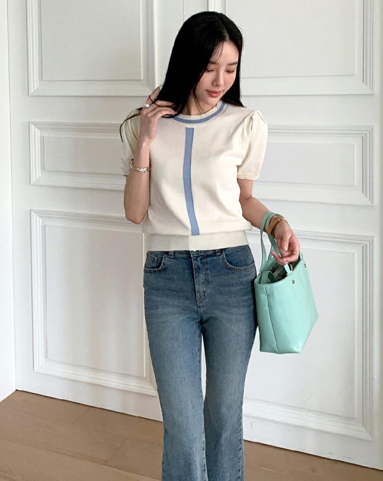 配色ラインパフクロップドニット・全3色・b00637 レディース 【tops】トップス 半袖 ニット 柄 模様 配色 ライン パステル パフスリーブ パフ袖 クロップド丈 春 夏 フェミニン カジュアル かわいい 可愛い 韓国ファッション ハイホリHIHOLLI