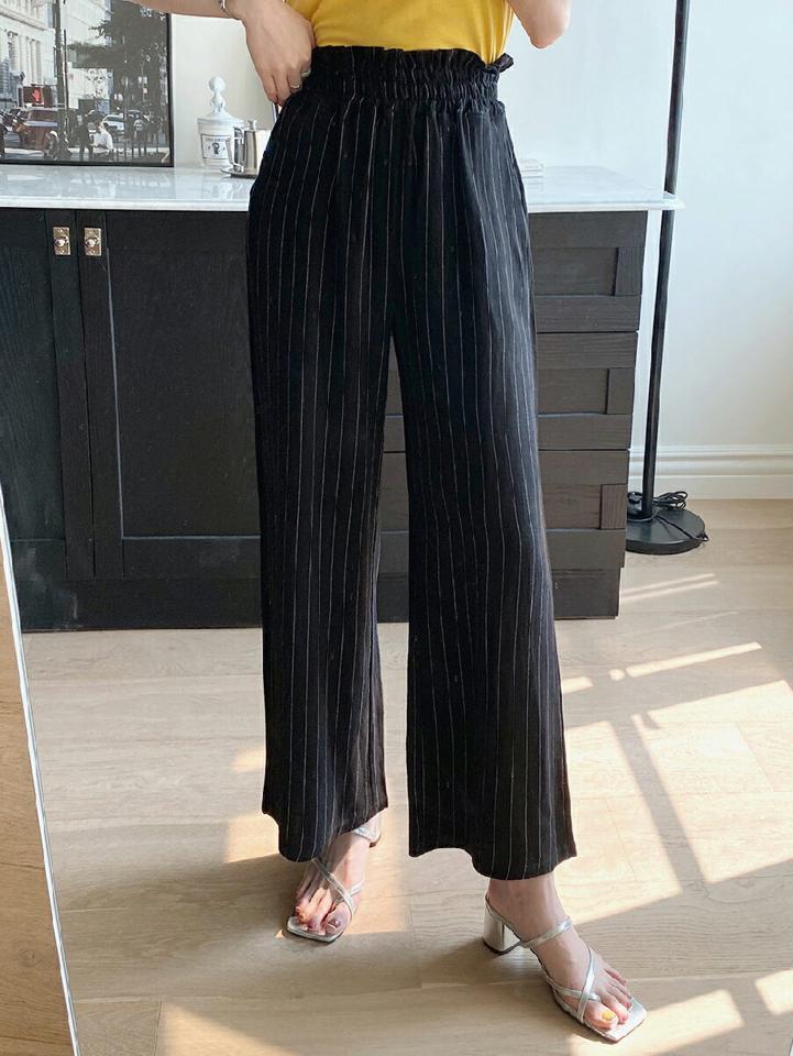 リネン混ストライプパンツ・全2色・b00651 レディース 【pt】パンツ ロング丈 柄 模様 リネン混 ストライプ 楽ちん ゆったり 体型カバー ハイウエスト ワイド 脚長 春 夏 カジュアル 大人っぽ 可愛い かわいい 韓国ファッション ハイホリHIHOLLI