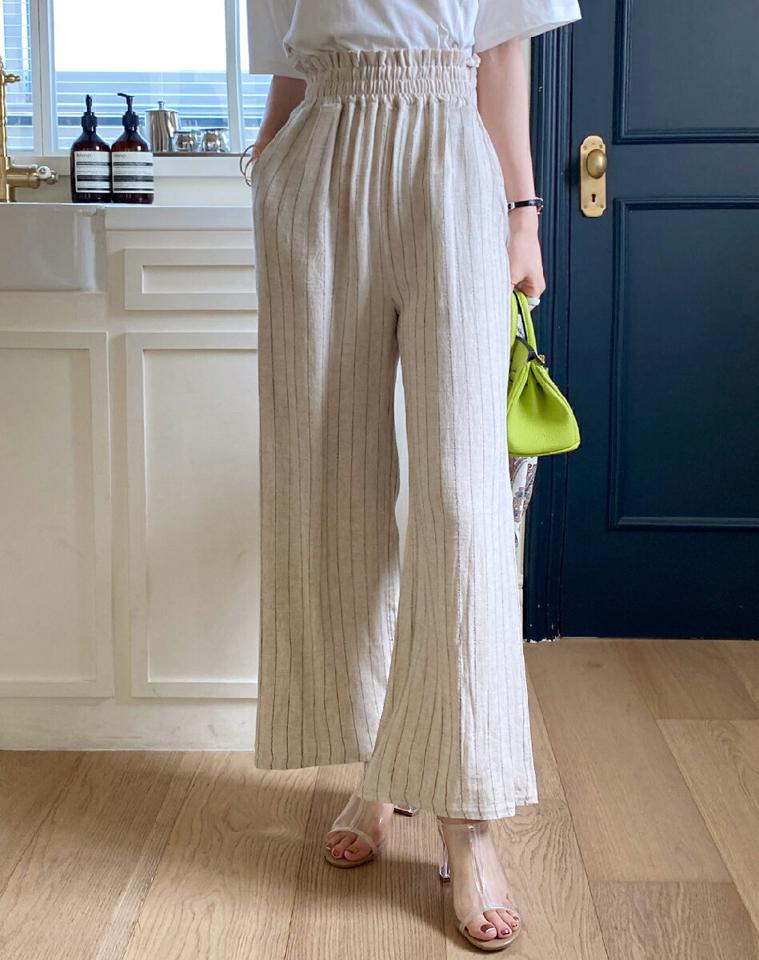 リネン混ストライプパンツ・全2色・b00651 レディース 【pt】パンツ ロング丈 柄 模様 リネン混 ストライプ 楽ちん ゆったり 体型カバー ハイウエスト ワイド 脚長 春 夏 カジュアル 大人っぽ 可愛い かわいい 韓国ファッション ハイホリHIHOLLI