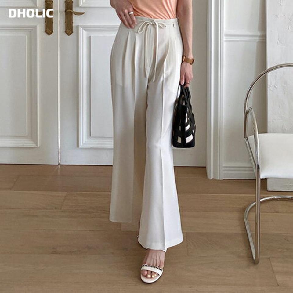 ストラップ付ワイドスラックス・全3色・b00652 レディース 【pt】スラックス パンツ ロング丈 単色 無地 シンプル ベーシック 上品 フェミニン ワイド ストラップ付 リボン オフィスカジュアル 春 夏 体型カバー 韓国ファッション ハイホリHIHOLLI