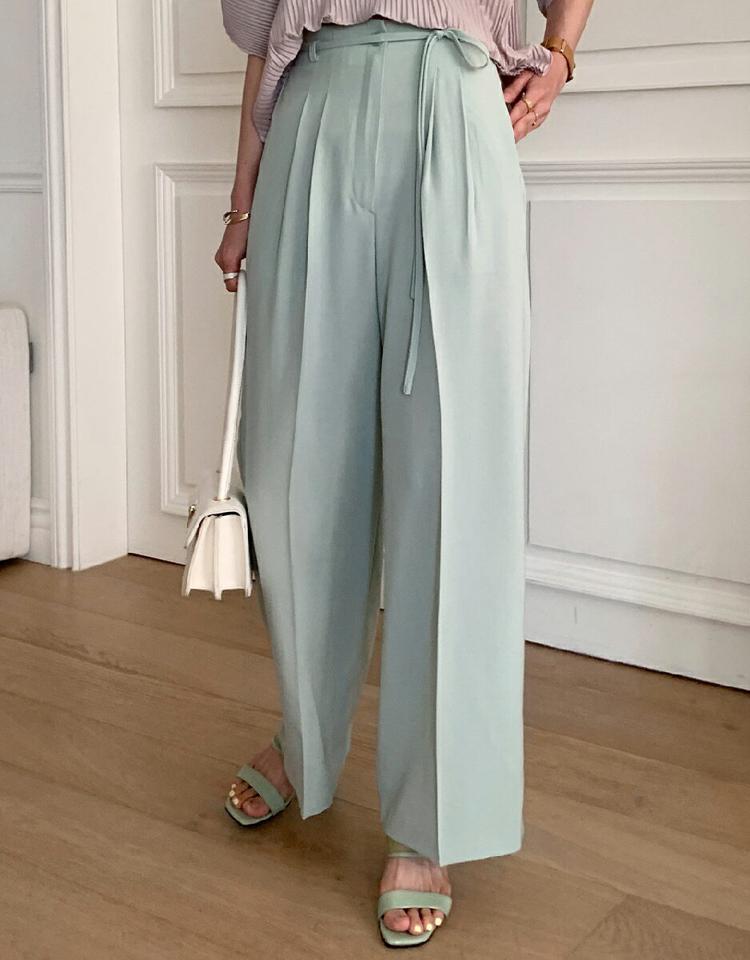 ストラップ付ワイドスラックス・全3色・b00652 レディース 【pt】スラックス パンツ ロング丈 単色 無地 シンプル ベーシック 上品 フェミニン ワイド ストラップ付 リボン オフィスカジュアル 春 夏 体型カバー 韓国ファッション ハイホリHIHOLLI