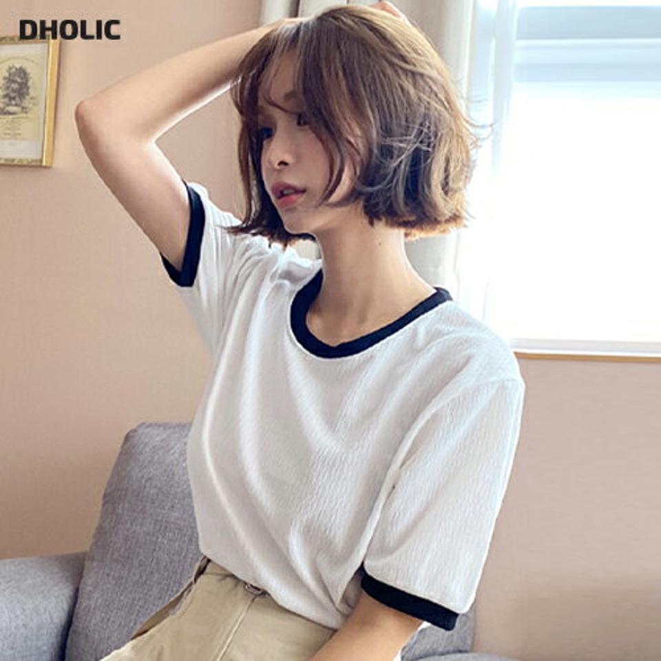 【10%OFF】配色ラインリンクルTシャツ・全6色・t67586 レディース 【tops】トップス Tシャツ 半袖 ハーフスリーブ 配色 リンクル 大人 カジュアル ラウンドネック リンガーTシャツ 春 夏 韓国ファッション 半Tセール