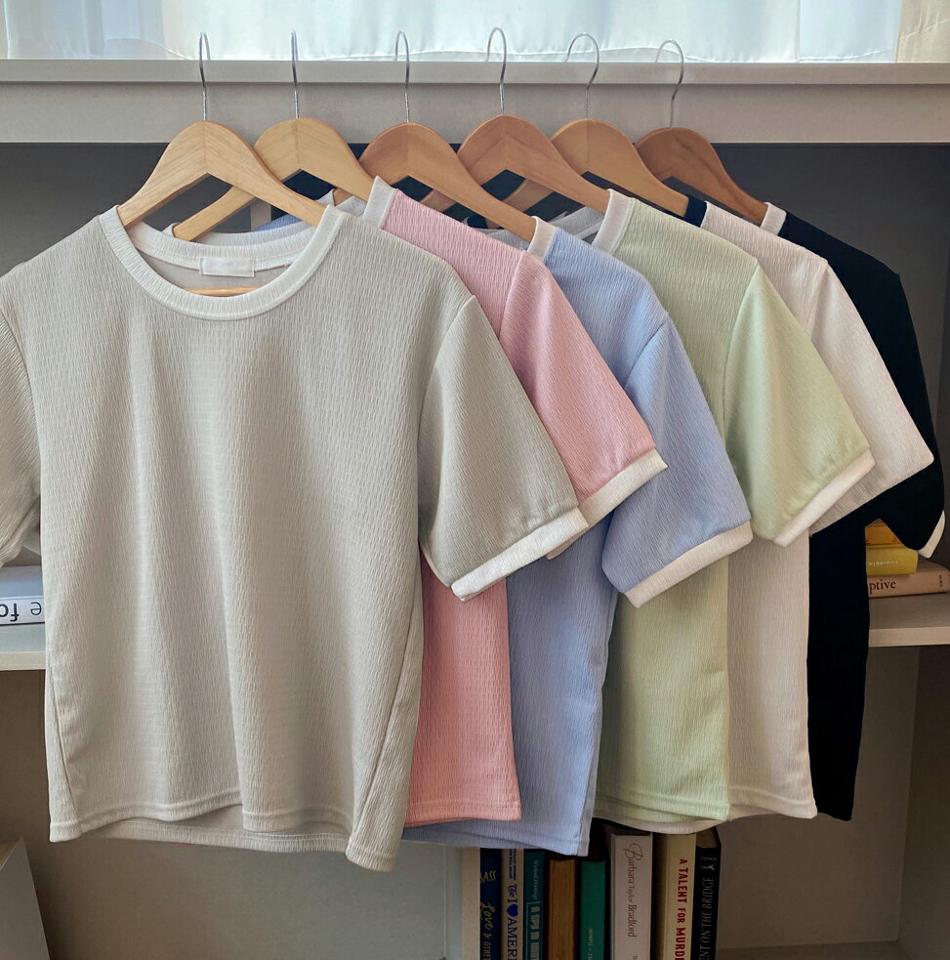 【10%OFF】配色ラインリンクルTシャツ・全6色・t67586 レディース 【tops】トップス Tシャツ 半袖 ハーフスリーブ 配色 リンクル 大人 カジュアル ラウンドネック リンガーTシャツ 春 夏 韓国ファッション 半Tセール