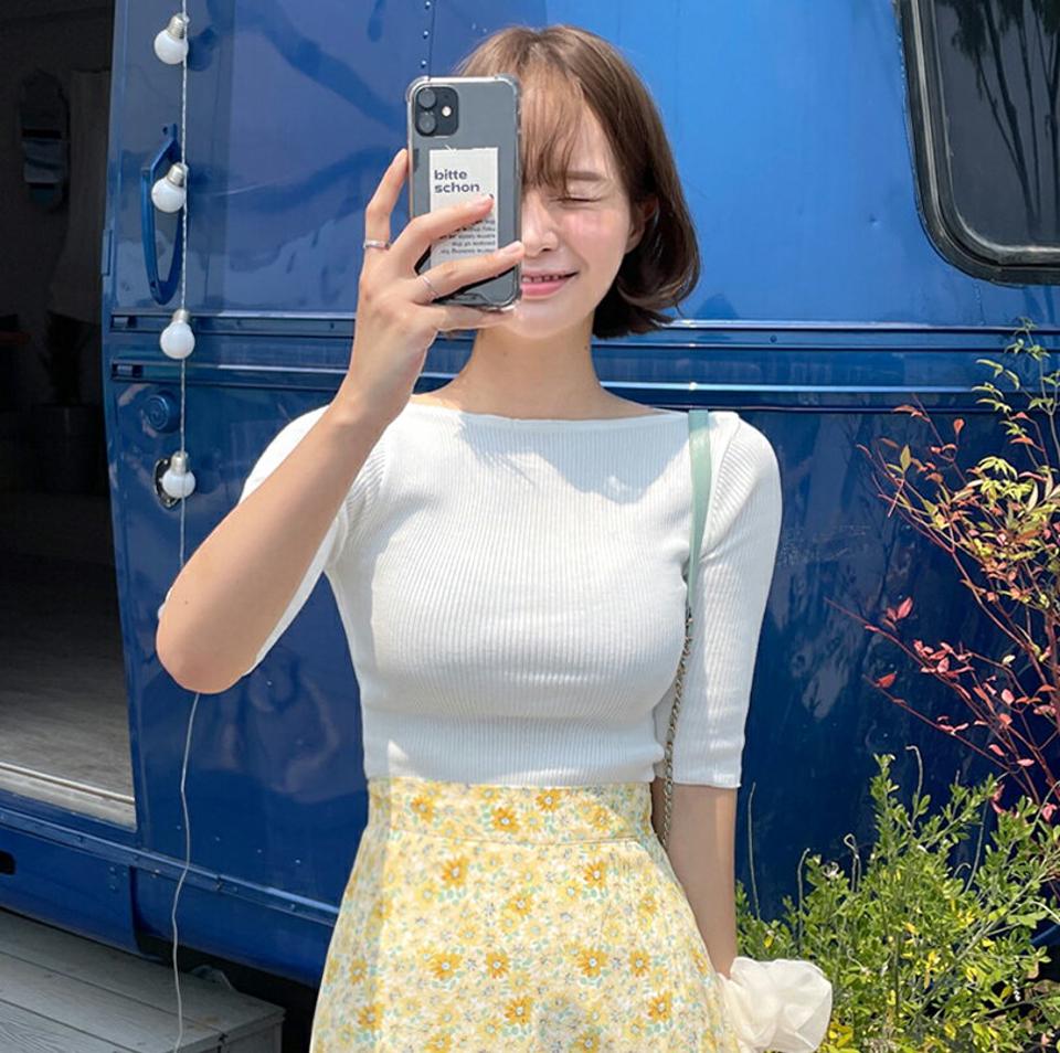 2TYPEボートネックニット・全3色・b67587 レディース 【tops】トップス ニット 半袖 ハーフスリーブ ボーダー柄 単色 無地 シンプル カジュアル ボートネック 春 夏 韓国ファッション