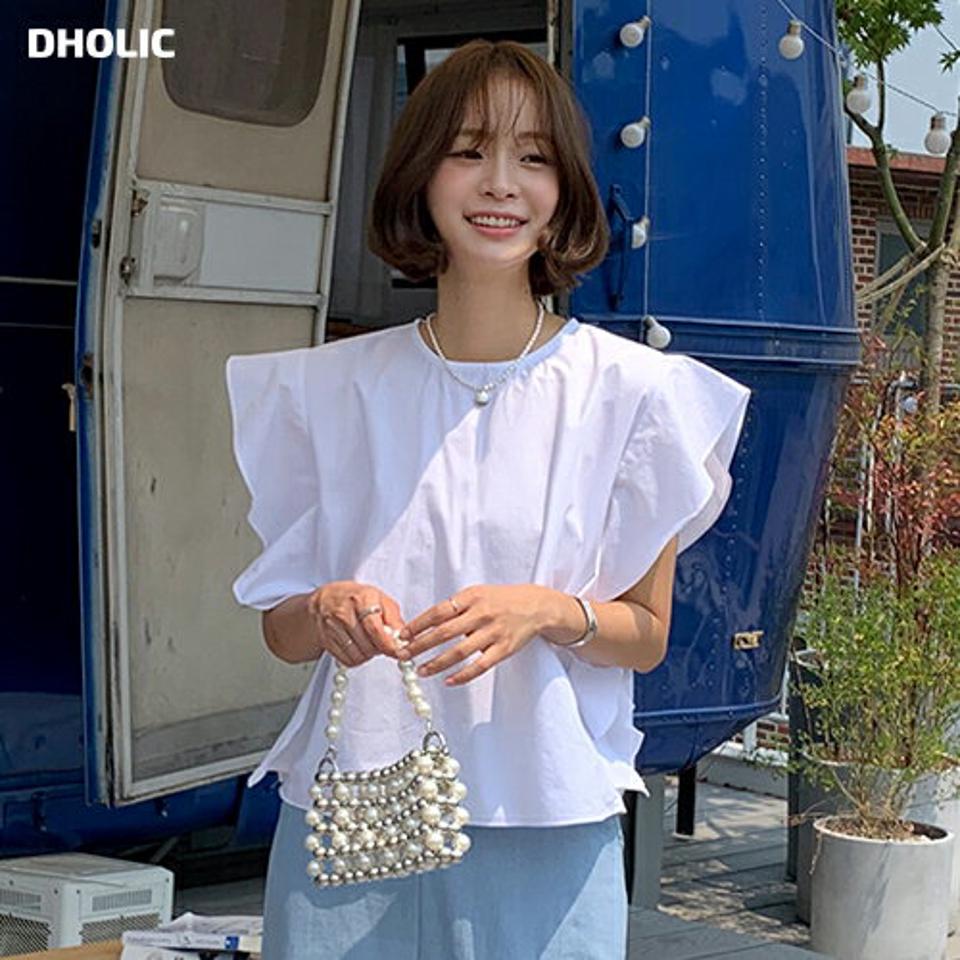 フリルラウンドネックブラウス・全3色・t67590 レディース 【bl】トップス ブラウス 二の腕カバー フリル 袖コン ラウンドネック 単色 無地 スリーブレス ノースリーブ かわいい 可愛い クロップド丈 ガーリー 白ブラウス 春 夏 韓国ファッション