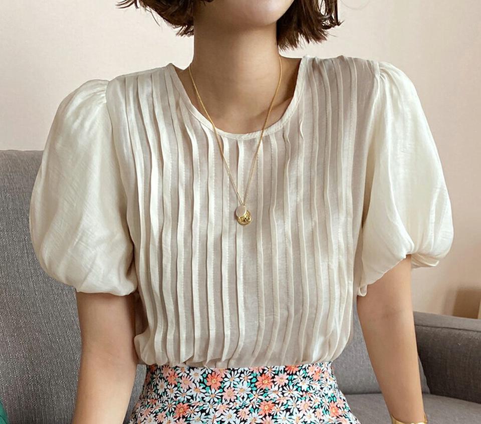 タックバルーンシフォンブラウス・全3色・b67624 レディース 【bl】トップス ブラウス 半袖 シフォン バルーンスリーブ 袖コン ボリューム袖 ラウンドネック タック ピンク かわいい 単色 可愛い 二の腕カバー 春 夏 韓国ファッション