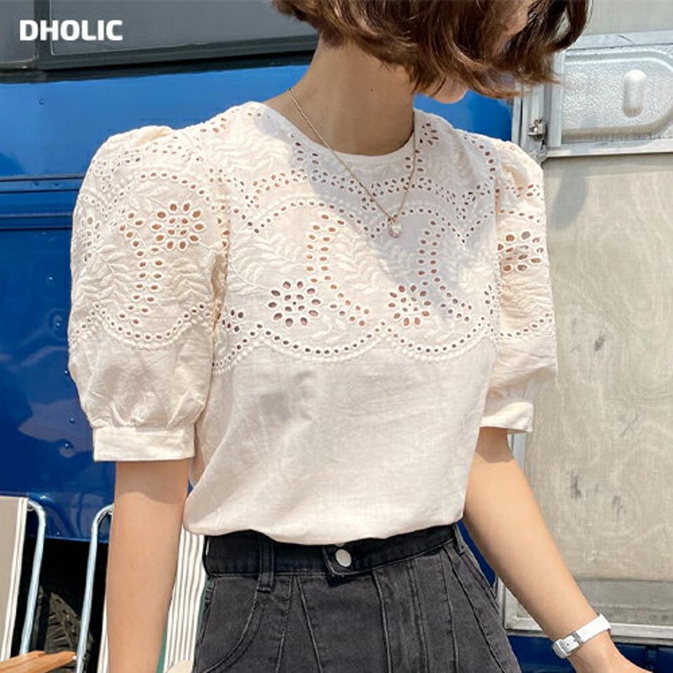 アイレットレースパフブラウス・全3色・b67592 レディース 【bl】トップス ブラウス 半袖 ハーフスリーブ レース アイレット パフ袖 パフスリーブ ガーリー かわいい 可愛い ラウンドネック 透け感 白ブラウス 春 夏 韓国ファッション
